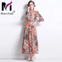 merchall runway design palace long dress femme stand collar lantern sleeve floral print vintage long maxi dress with belt m62106