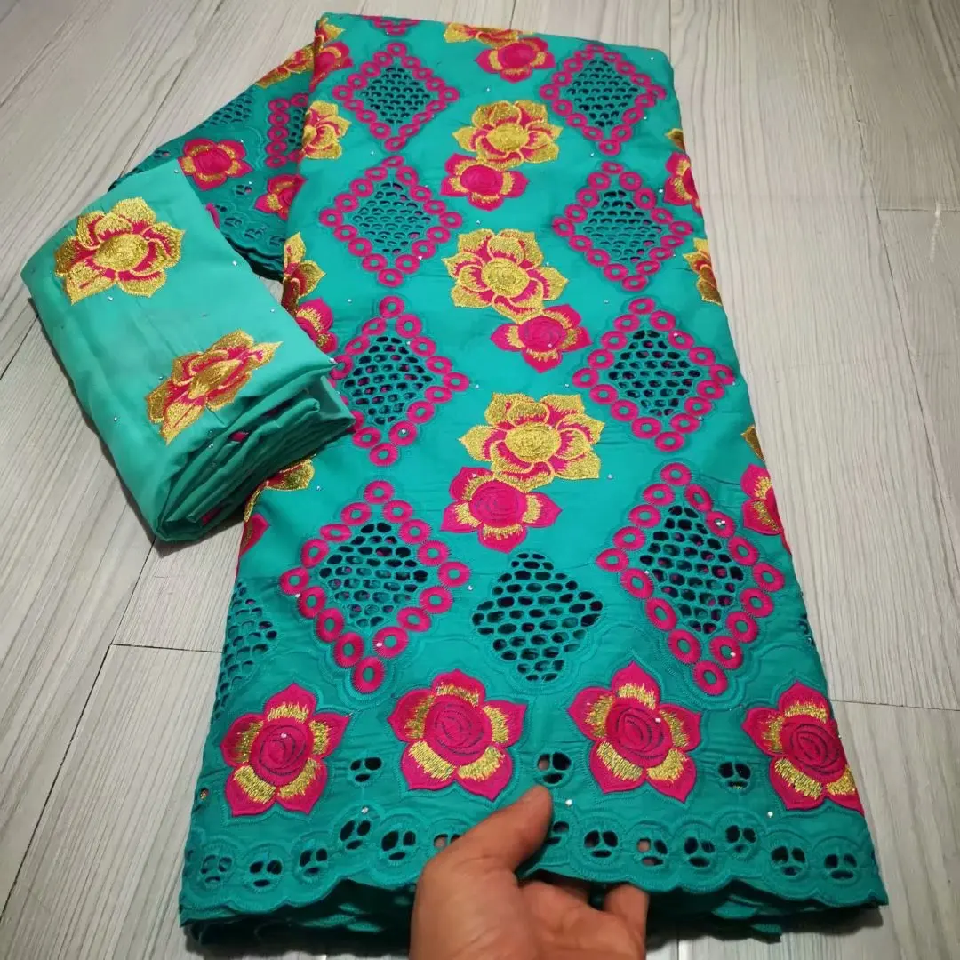 

2021 Hollow Out Nigerian Swiss Voile 100% Cotton Lace Fabric With Stone Latest 5+2Yards Tulle Net Blouse High Quality Lace Sew