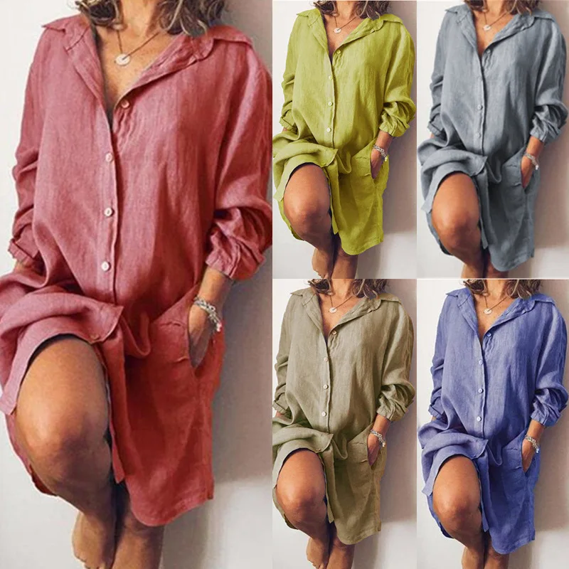 

Fashion Long Sleeve Cotton Linen Shirt Dress Women 2021 Summer Autumn Loose Casual Dresses For Woman Long Tops Robe Femme