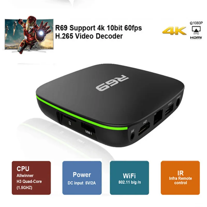 ТВ-приставка R69 Android 7 1 Allwinner H3 четырехъядерный ГГц 2 ГБ 16 4 Wi-Fi 1080P HD | Электроника