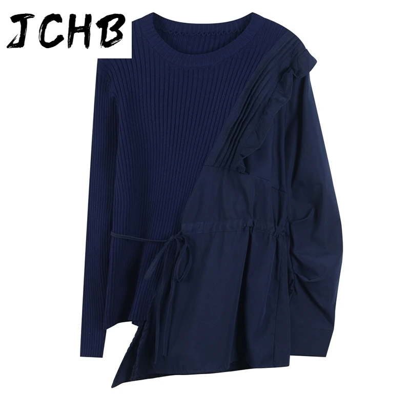 

JCHB O-neck Solid Fake Two Pieces Of Knitted Patchwork Long Sleeve Shirt Women Plus Size Korean Fashion 2021 Spring GX374