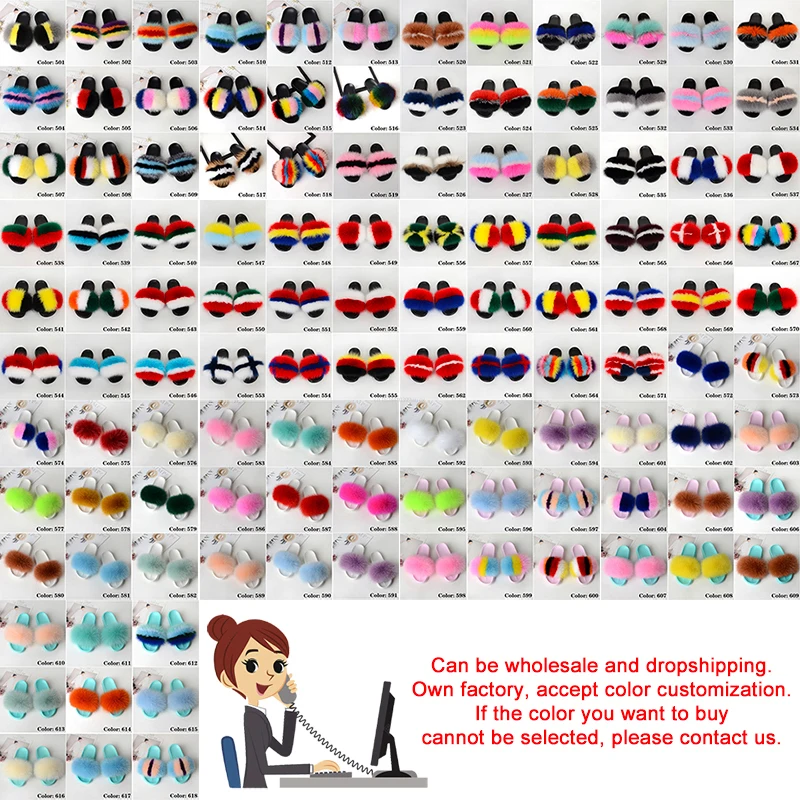 Шлепанцы женские меховые сланцы из натурального Лисьего меха плоская подошва