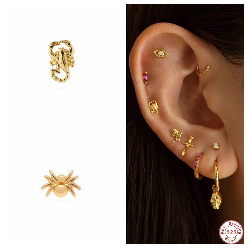 

GS 925 Sterling Silver Personalized Spider Scorpion Stud Earrings Women Zircons Cross Evil Eye Ear Studs Rock Punk Jewelry