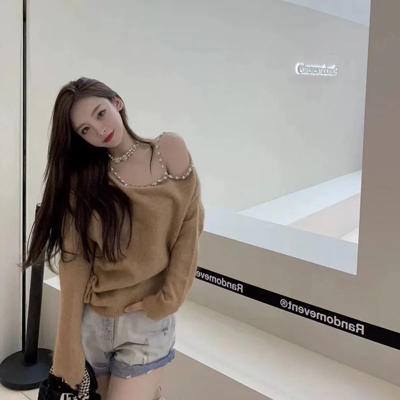 

[DEAT] Solid Asymmetric Collar Off Shoulder Drill Chain Loose Plus Size Sexy Long Sleeve Top Y2k Clothes 2021 Spring GX697