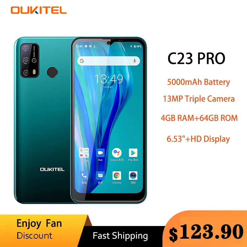 

Oukitel C23 pro 4G LTE Smartphone 4GB+64GB 6.53"+HD 5000mAh MT6762V/WB Android 10.0 Mobile phone 8PM/13PM Camera Cell Phone