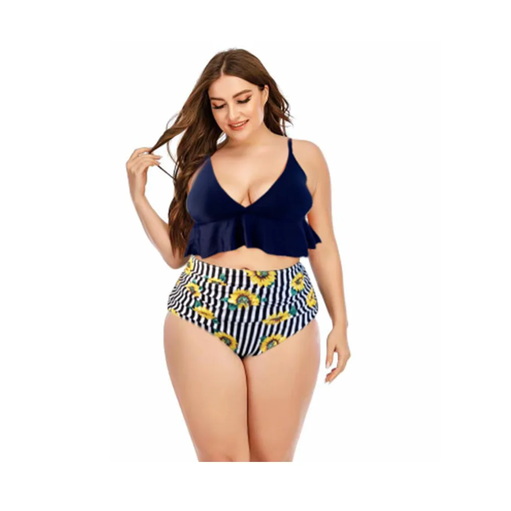 

Luren Plus Size Swimwear Hipster Sunflower Print Striped Split High Waist Bikini 5XL 2 Piece Sets Womens