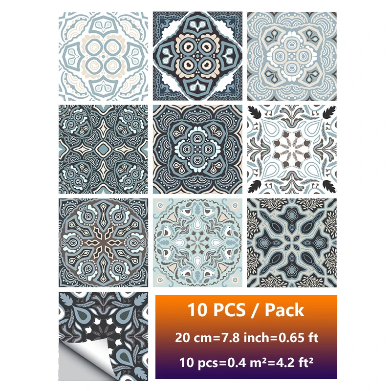 

10Pcs Wall Tile Sticker Retro Pattern Self-adhesive Kitchen Waterproof Sticker Home Wall Floor Furniture Decoration Art Mural