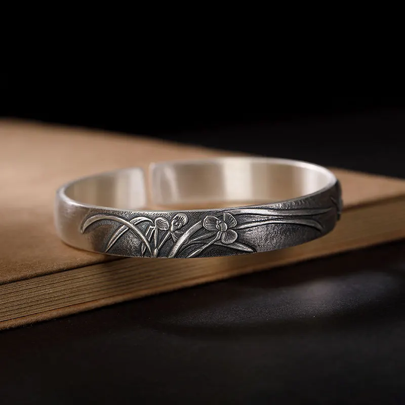 Koop 999 Sterling Zilver Retro Orchidee Nationale Stijl Armband Vrouwen Effen Mond Zilveren Armband Dag Gift Moeder Aan Moeder