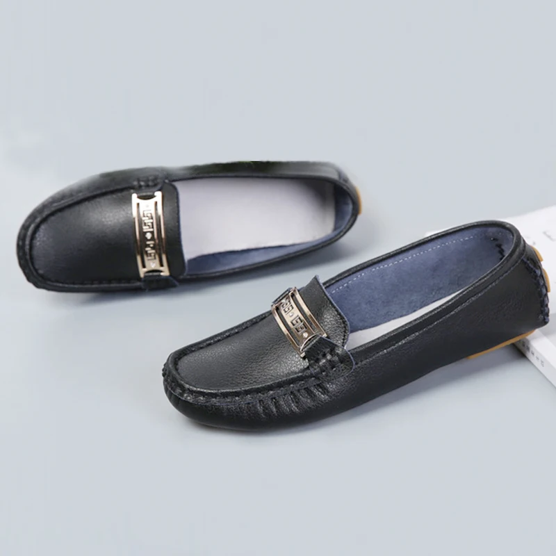 

Women Slip On Leather Loafers Spring Ladies Metal Fashion Flat Shoes Female Sewing Solid Comfort Casual Woman Light Flats Shoe