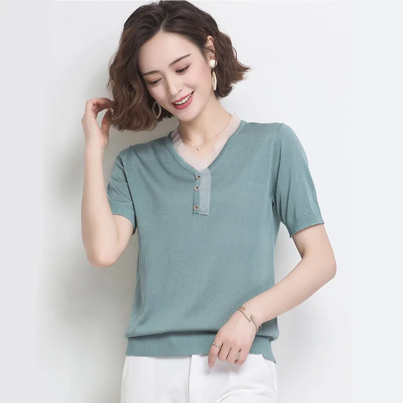 

Женский вязаный пуловер из ледяного шелка, топы с коротким рукавом и V-образным вырезом, кружевные украшения, женский джемпер, женские летни...