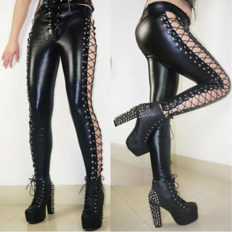

New Stylish Women Club Sexy Leggings Lace Up On The Sides High Quality Wetlook Faux Leather Pencil Rock Steampunk Punk Pants
