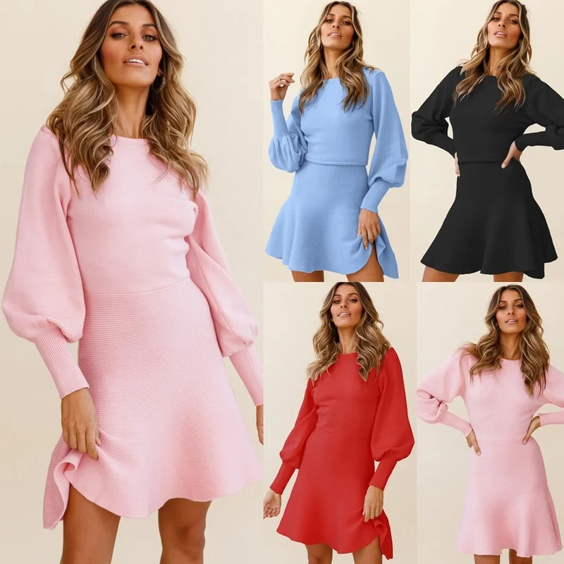 

2021Autumn Winter New Women Casual Solid Knitting A Line Draped O Neck Lantern Sleeve Office Lady Chic Party Mini Bodycon Dress