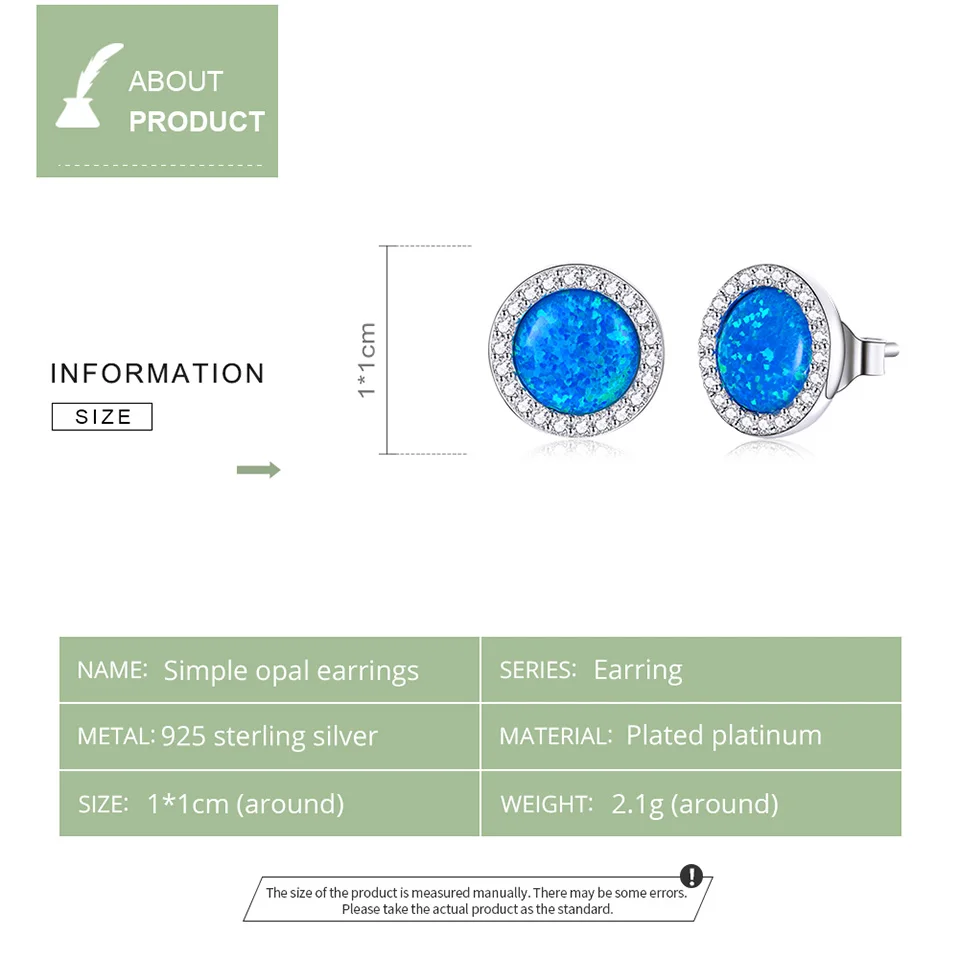 

BISAER Simple Opal Earring 925 Sterling Silver Simple Blue Opal Small Stud Earrings for Women Fine Jewelry Gift HVE467