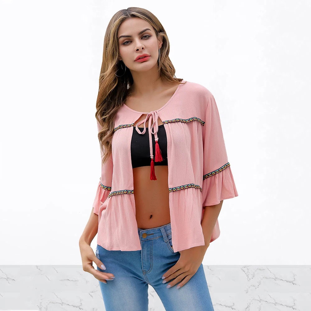 

New Summer Pink Sweet Cardigan Tie Up Flare Sleeve Tops Three Quarter Colorful Tassel Casual Beach Coat Outfit Femme