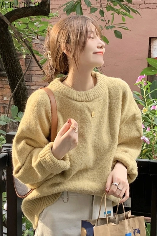 

WERUERUYU Winter 2020 Retro Style Lantern Style Loose Shape Round Collar Solid Color Pullover Knitwear Women Sweater