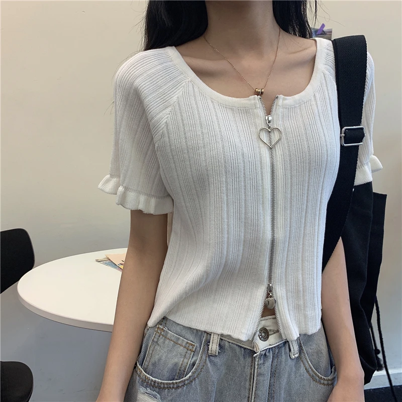 

Knitted Zipper Solid Ladies Tops Summer New O-neck Short Sleeve T Shirt for Women Clothing Korean Fashion Casual Loose Tees 2021
