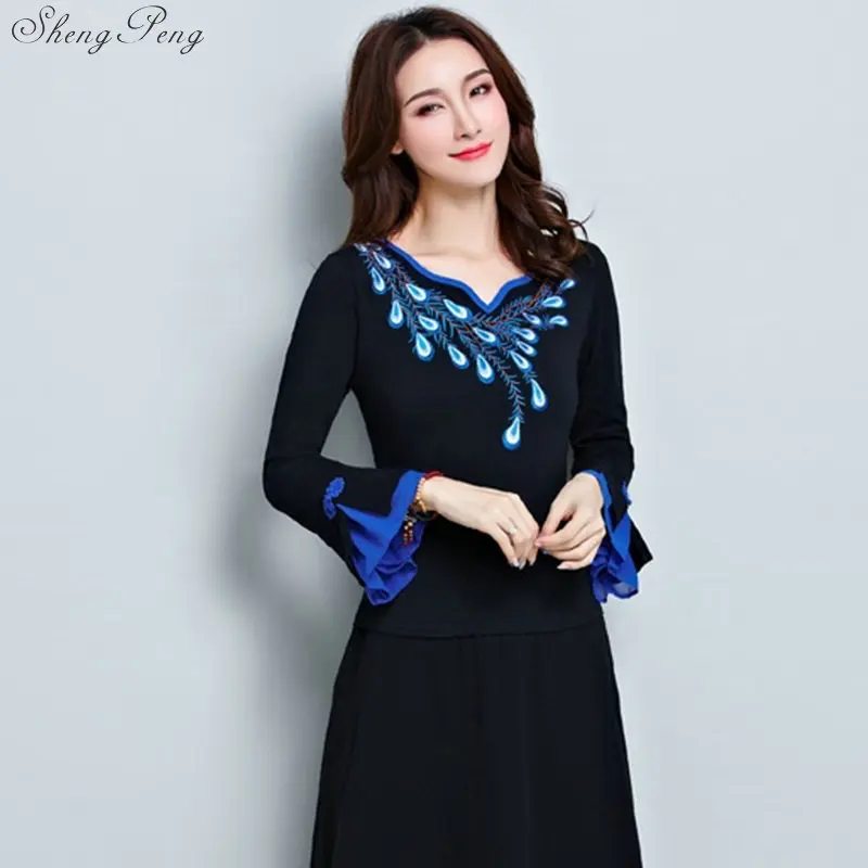 Одежда в китайском стиле женская черная вышивка фольклор винтажная рубашка