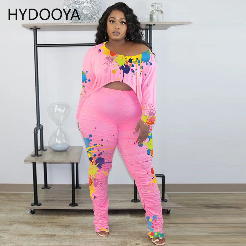 

Plus Size Women Clothing 2 Two Piece Set Splash Loose Crop Top Stacked Leggings Pants Sets Fall Clothes Streetwear Dropshipping
