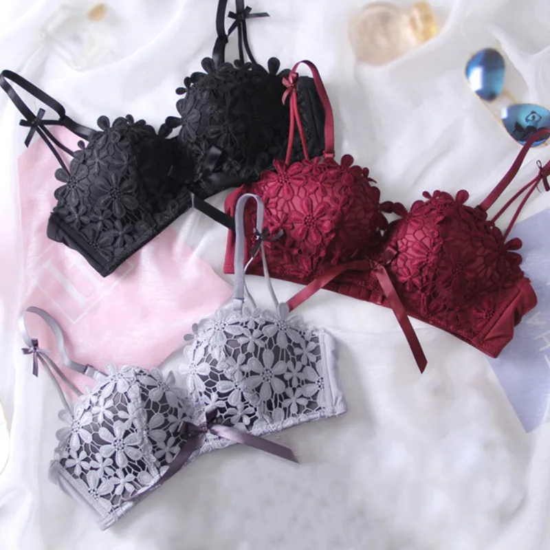 

Push Up Lace Bras for Women Sexy Bow Padded Underwear Girl Adjustable Wire Free Brassiere