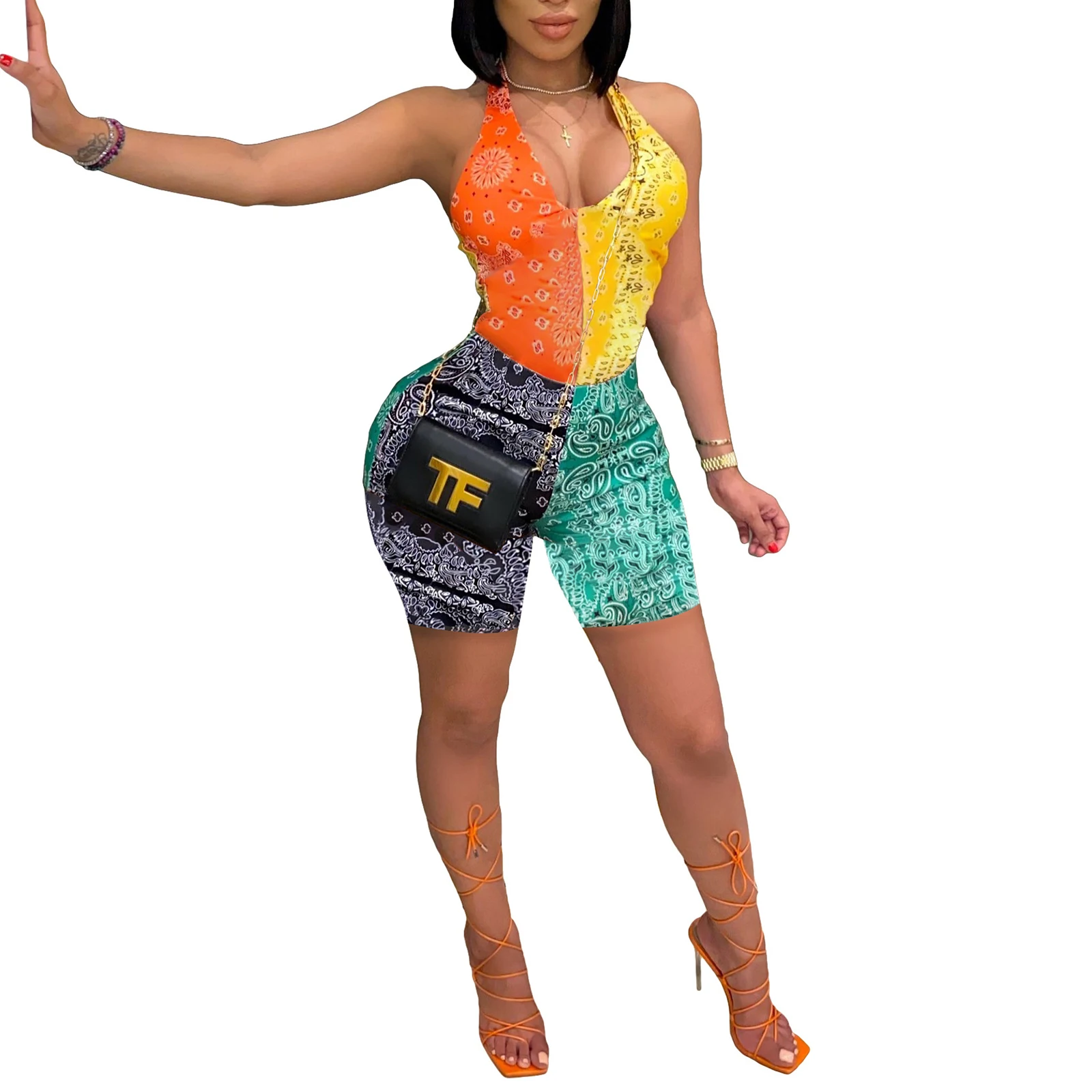 

Женский облегающий пикантный комбинезон разных цветов, комбинезон без рукавов с V-образным вырезом, оранжевый/фиолетовый комбинезон