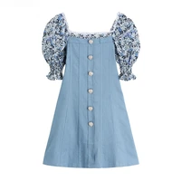 retro floral puff sleeve summer sundresses denim patchwork sweet fashion mini dress button up back zipper female dresses chic