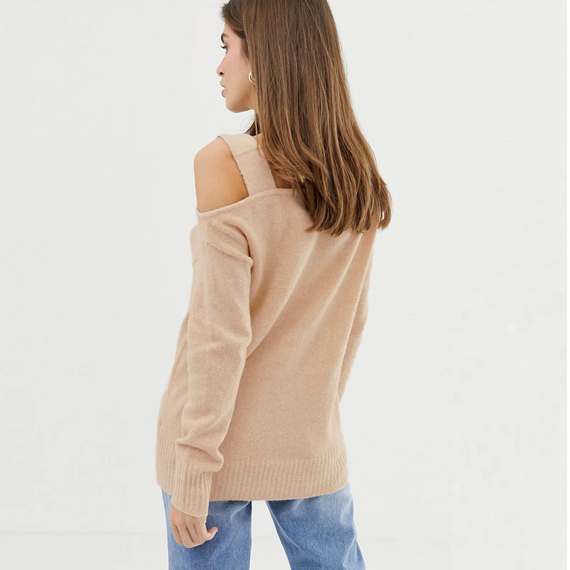 MINSUNDA Casual Light Khaki Cold Shoulder Solid Jumper One Strap Neck Long Sleeve Pullovers Women Streetwear Knitted Sweater | Женская
