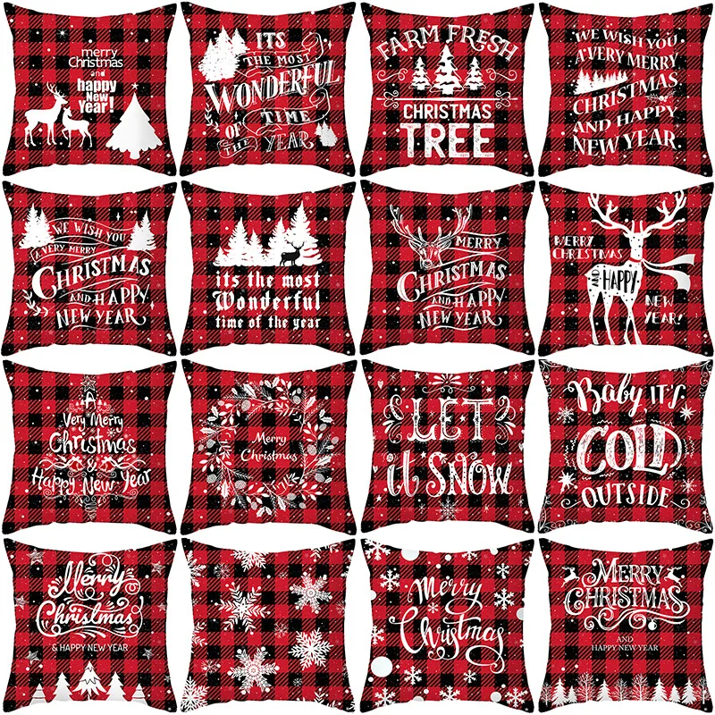 

Red Plaid Christmas Pillow Case Peach Skin Sofa Cushion Cover Office Decoration Sofa Pillow Case Wholesale