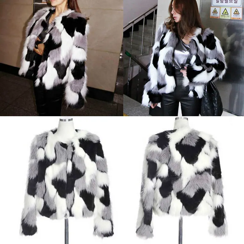 

Autumn Winter New Imitation Fur Jacket Coat Big size Women's Loose Round Neck Short Ladies Mixed Color Coat Size S-6X Outerwear