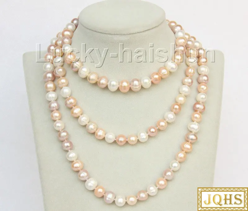 

47" 10mm baroque round white pink purple pearls beads Assorted Strand knotted necklace j9869A72E14