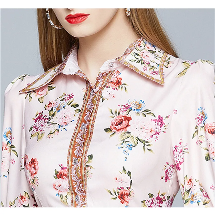 

2020 New Fashion Sweet Floral Print Elegant Dress Autumn Designer Runway Dress Women Puff Sleeve A-Line Midi-calf Dress Vestidos