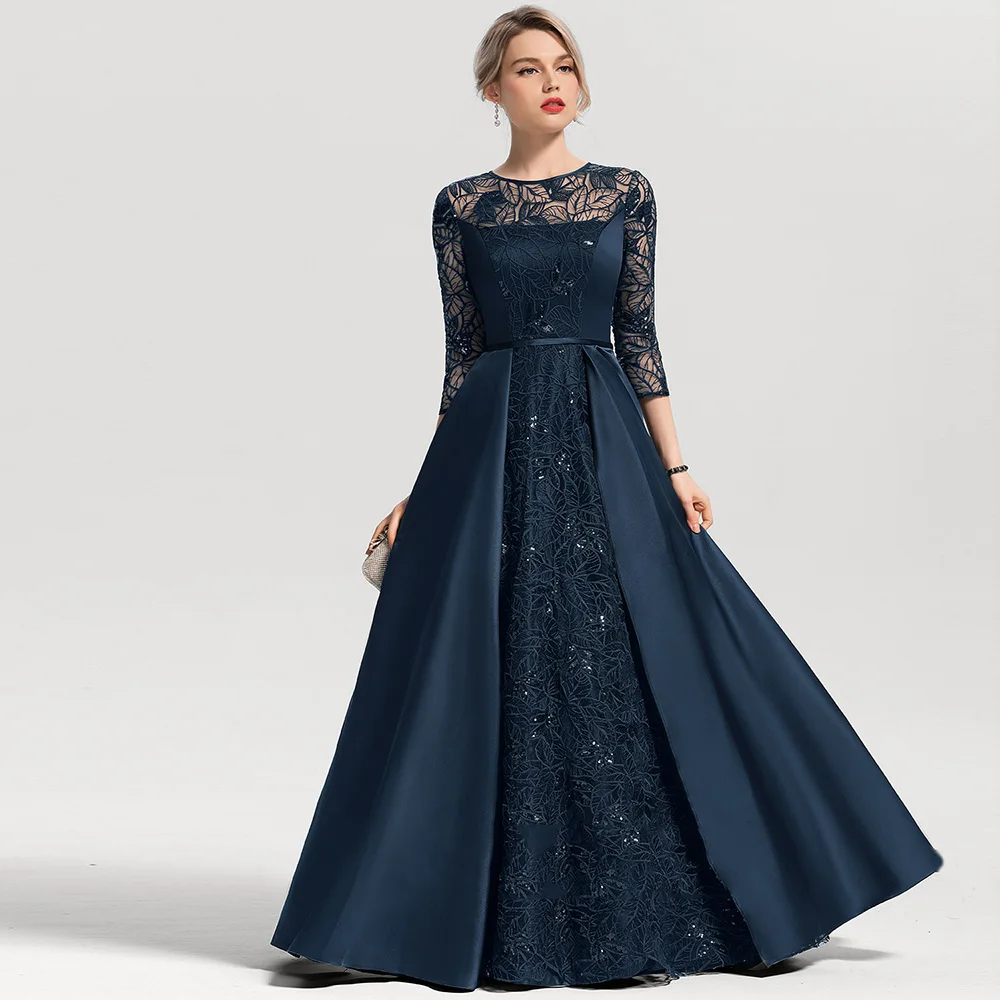 

Gorgeous A Line Navy Blue O Neck Three Quarter Sleeves Mother of the Bride Dresses V Neck Wedding Party Gowns Celebrity Dress