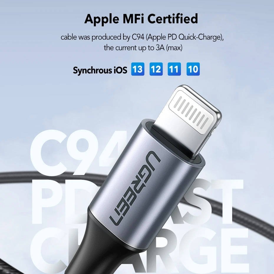 Ugreen usb type c к lightning Кабель Apple MFI Сертифицированный для iPhone 11 pro xs xr 8 7 6s plus 5 ipad зарядное устройство PD Быстрая зарядка 18 Вт