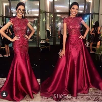 2020 burgundy mermaid evening dresses long jewel neck lace embroidery beaded floor length evening dress formal gowns vestidos