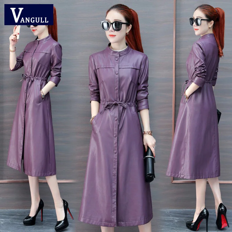 Vangull leather кожаная куртка женская мода тонкий ремень Длинная женская куртка PU мотоциклетная осенне-зимняя верхняя одежда шикарное пальто