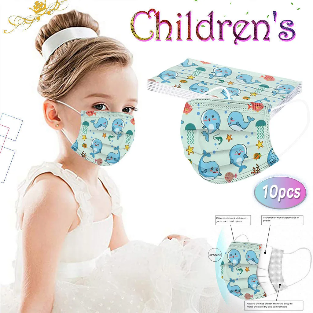 

10pc Children Disposable Cartoon Mask Cute Animals Print Protection 3ply Filter Anti-dust Pm2.5 Masks Party Decoration Masque