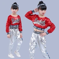 red girl jazz dance children sequin hip hop dance costume sparkly stage jazz dance costumes suit girls crop top and pants