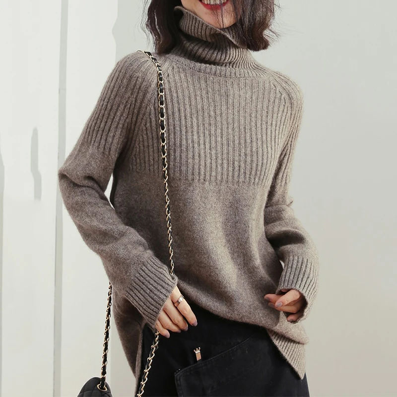 Женский свитер с высоким воротом FORYUNSHES повседневный Однотонный пуловер длинными