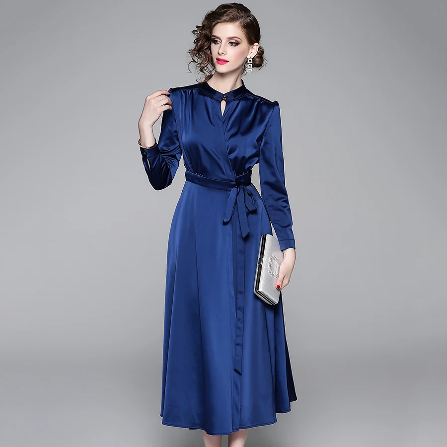 Осенне зимнее атласное длинное платье для женщин с длинным рукавом и круглым