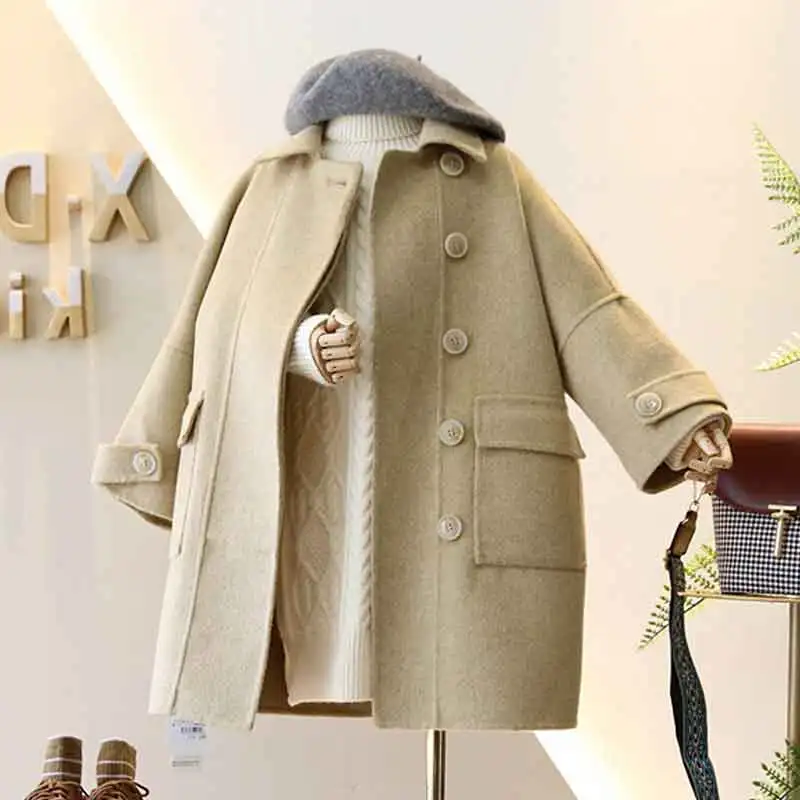 

Girl's Coat Delicate Double-sided Woolen Coats Spring Autumn Children's Clothing 2-7 Years Long Straight Princess Kids Outerwear