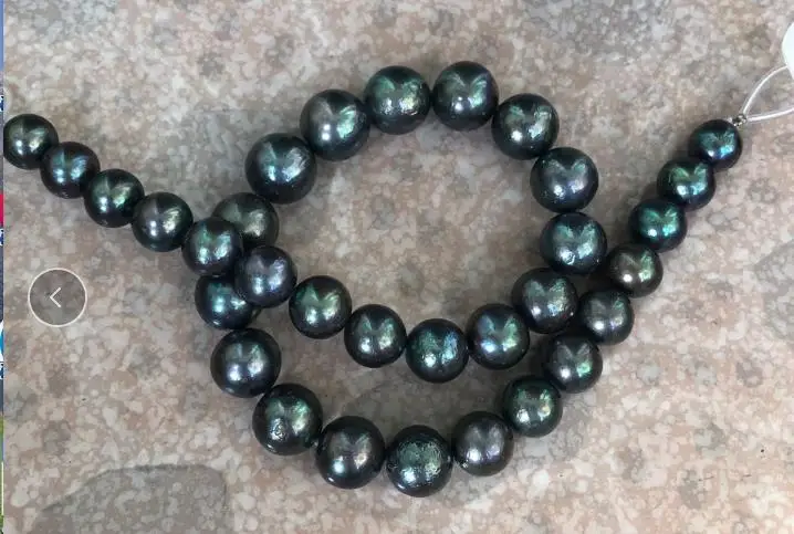 ?? 見事な10-15ミリメートル淡水ラウンド黒緑の真珠のネックレス18インチ925シルバー