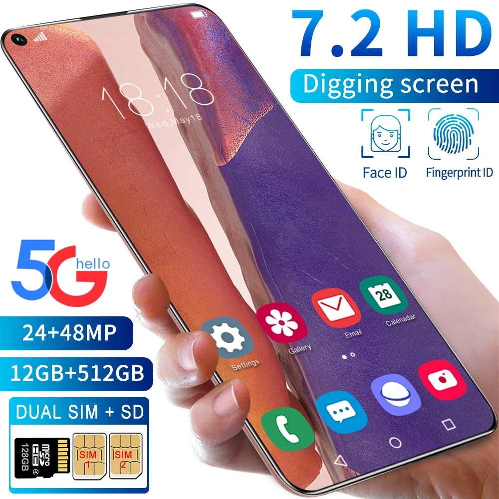 

S40U Fingerprint Unlock 8+256GB 7.2 Inch Big Screen 5800mAh Mobile Phone Global Version 2021 24+48MP Deca Core Smartphones