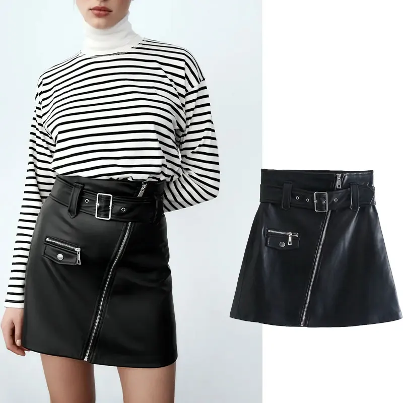 

Za 2022 Faux Leather Skirt Women Mini Skirts Woman High Waist Skirt Spring Fashion Belt Sexy Elegant Autumn Chic Zipper Skirts