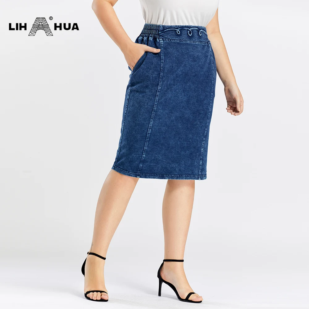 LIH HUA Women's Plus Size Casual Denim Skirt High Flexibility Fashion Skirt Knitted Denim