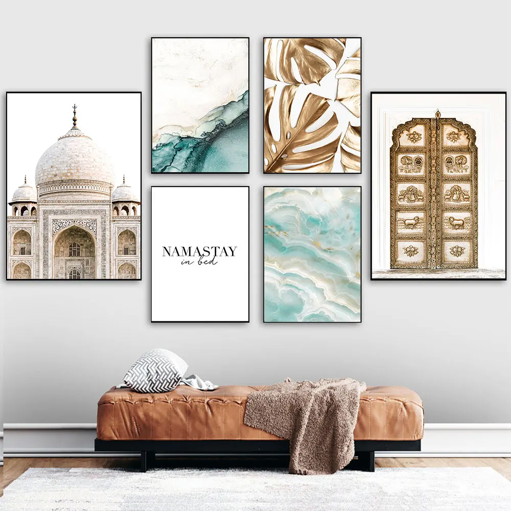

Vintage Golden Islamic Building Poster Canvas Painting Print Leaf Wall Art Arab Home Decoration Pictures Modern Living Room Deco