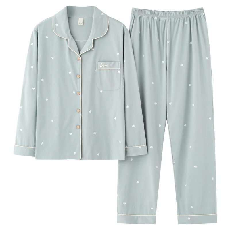 Autumn Winter Sexy Cotton Pajamas Set Cute White Love Pattern Pajamas Ladies Soft Leisure Nightwear Loose Oversized Sleepwear