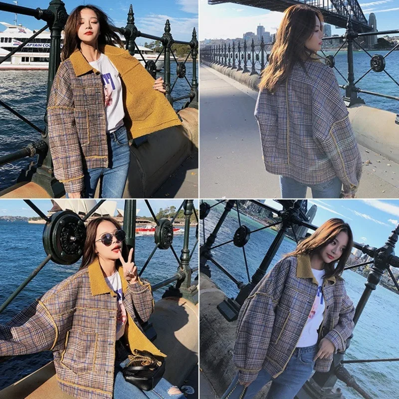 Женское короткое пальто в клетку теплая куртка из овечьей шерсти с воротником