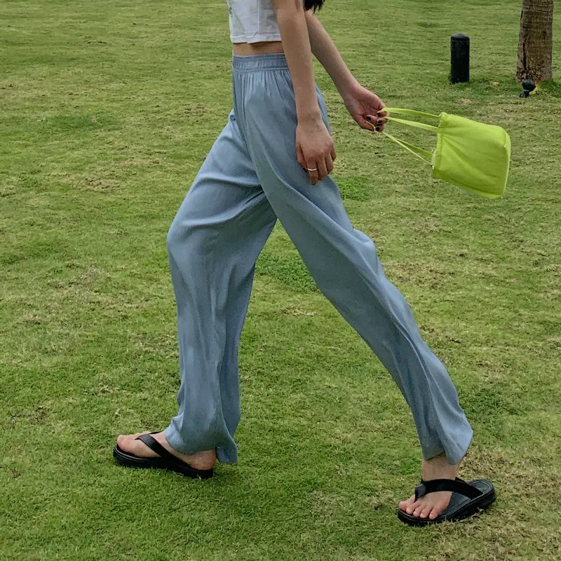 

Summer Women Casual Cozy Pant Green Gray Blue Pink Black Thin Fabric Elastic Middle Waist Straight Trouser Loose Daily Bottoms