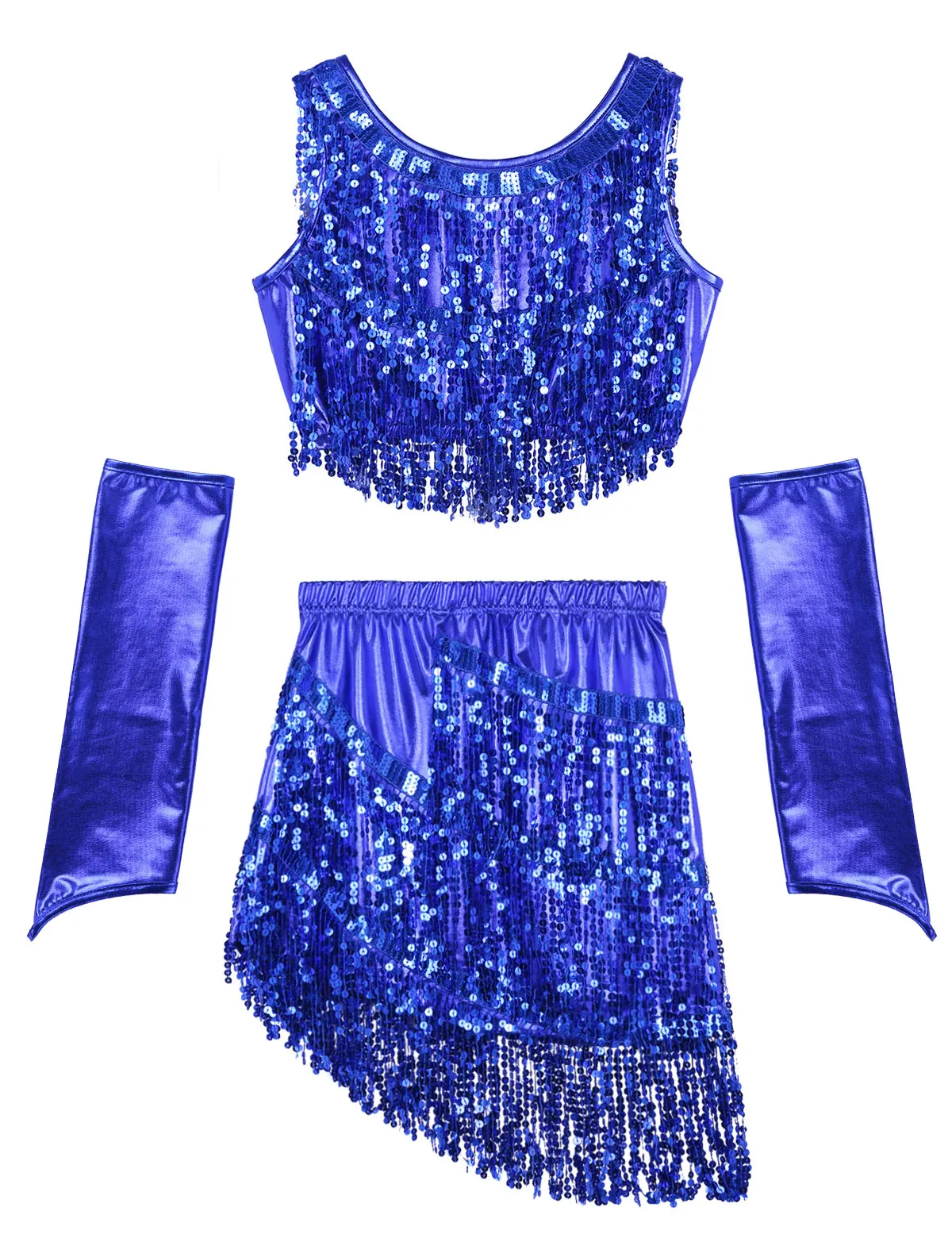 

Women Shiny Metallic Sequins Tassels Fringe Latin Dance Dress Performance Costume Sleeveless Crop Tops with Skirt Outfit