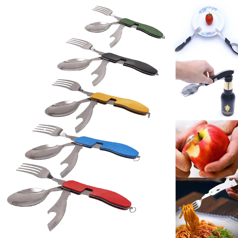 Столовые Приборы Складной Spork Вилка бутылка посуда для пикника и отдыха на природе ложка нож много инструмент посуда открывалка для бутылок Мультитул столовые приборы портативный