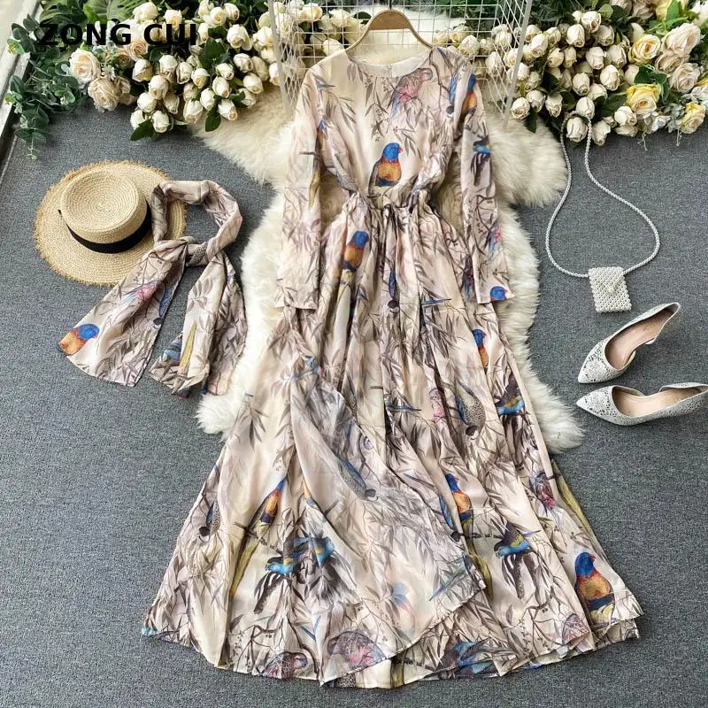 

Long sleeve ankle length dress women's o-neck lace up waist floral animal Maxi Dress high quality runway dresses 2021 Vestidos